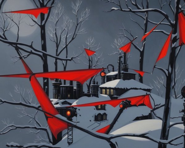 Winter Landscape with Industrial Buildings and Flags