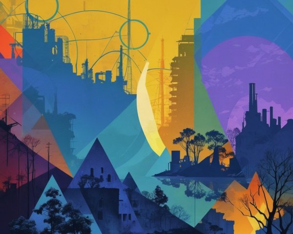 Geometric Abstract Landscape with Industrial Elements