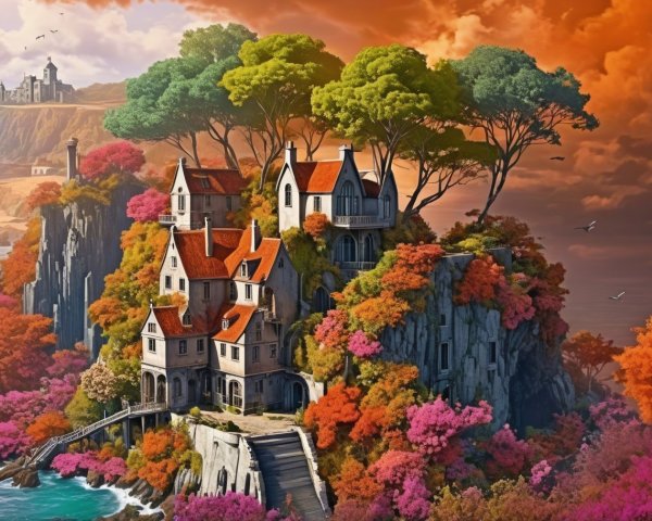 Cliffside Village Surrounded by Colorful Nature