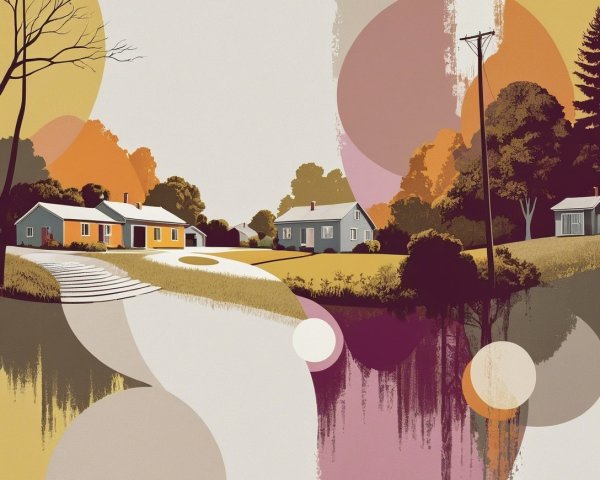 Serene Landscape with Quaint Houses and Gentle Hills