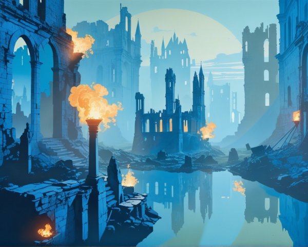 Post-Apocalyptic Landscape with Eerie Lake and Ruins