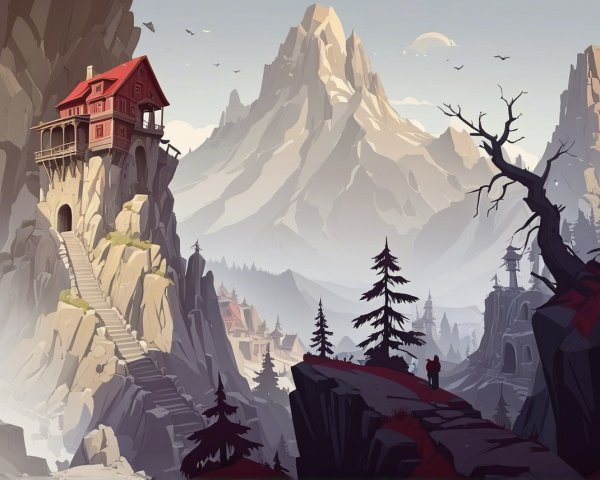 Lone Figure on Path with Mountain Landscape and House