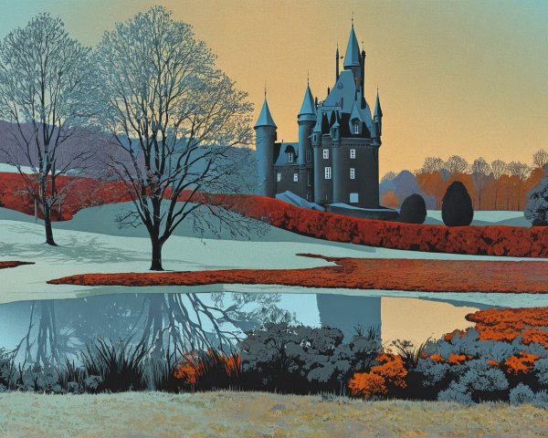Serene Landscape with Castle and Autumn Foliage