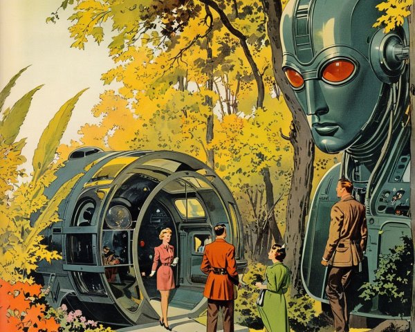 Futuristic Scene with Robot and People in Sci-Fi Style