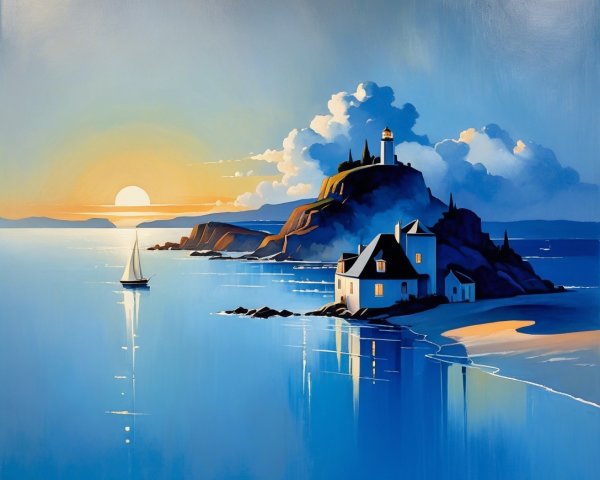 Coastal Sunset with Lighthouse and Sailboat Scene