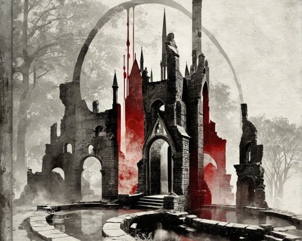 Haunting Ancient Ruins in a Misty Landscape