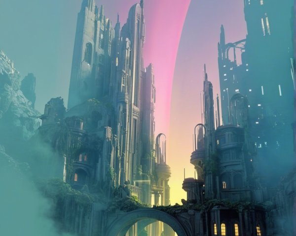 Futuristic skyscrapers by a misty lake at sunset