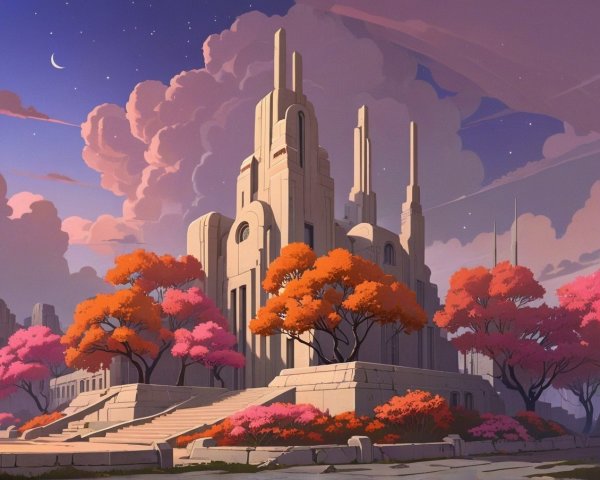 Art Deco Building Surrounded by Colorful Foliage