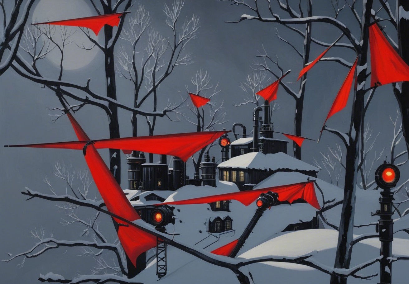 Winter Landscape with Industrial Buildings and Flags