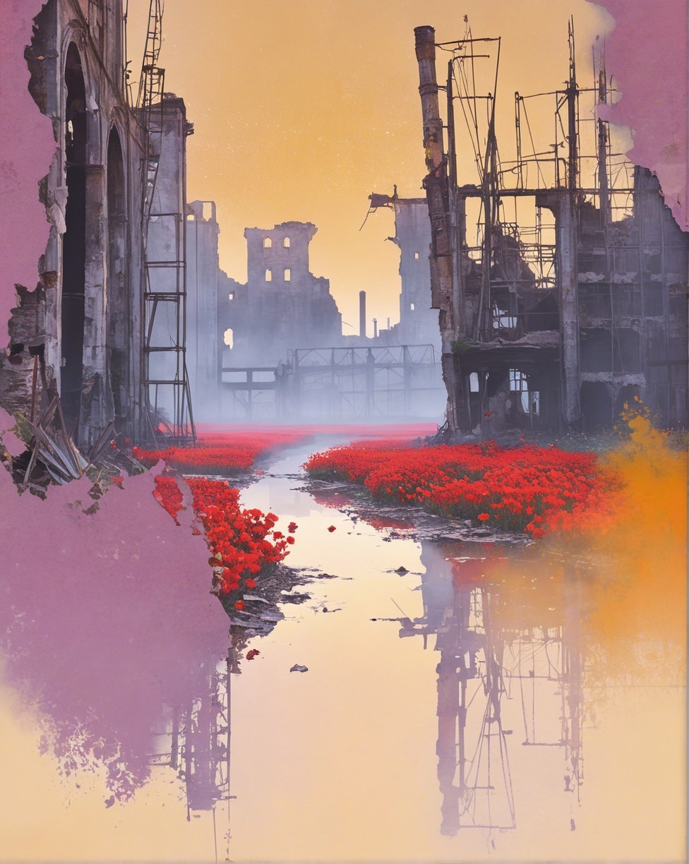 Ruins with Scaffolding Under Orange Sky and Flowers