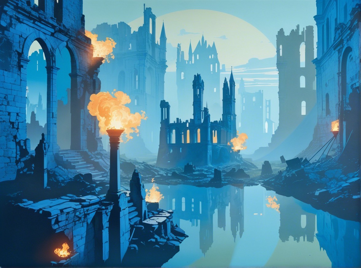 Post-Apocalyptic Landscape with Eerie Lake and Ruins