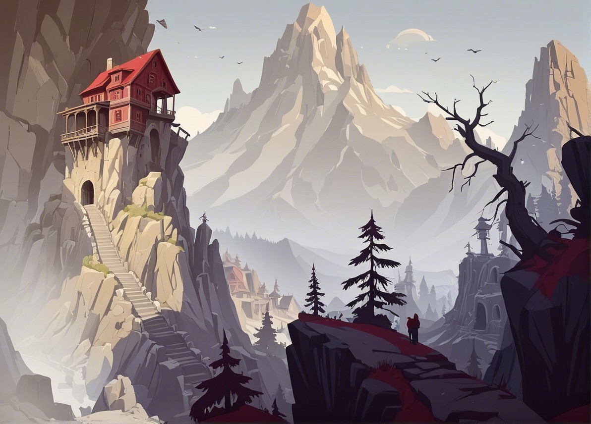 Lone Figure on Path with Mountain Landscape and House