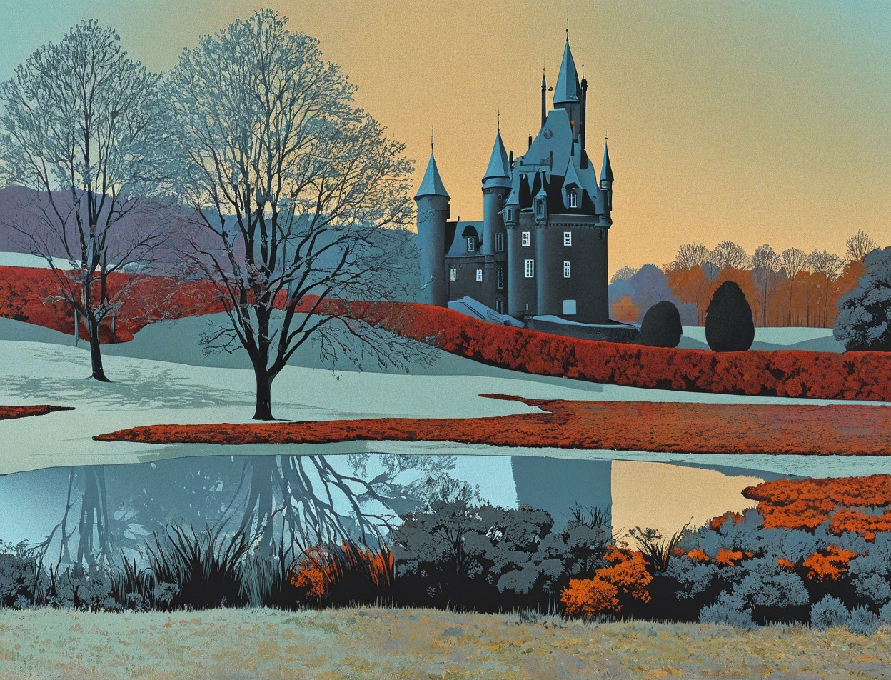 Serene Landscape with Castle and Autumn Foliage
