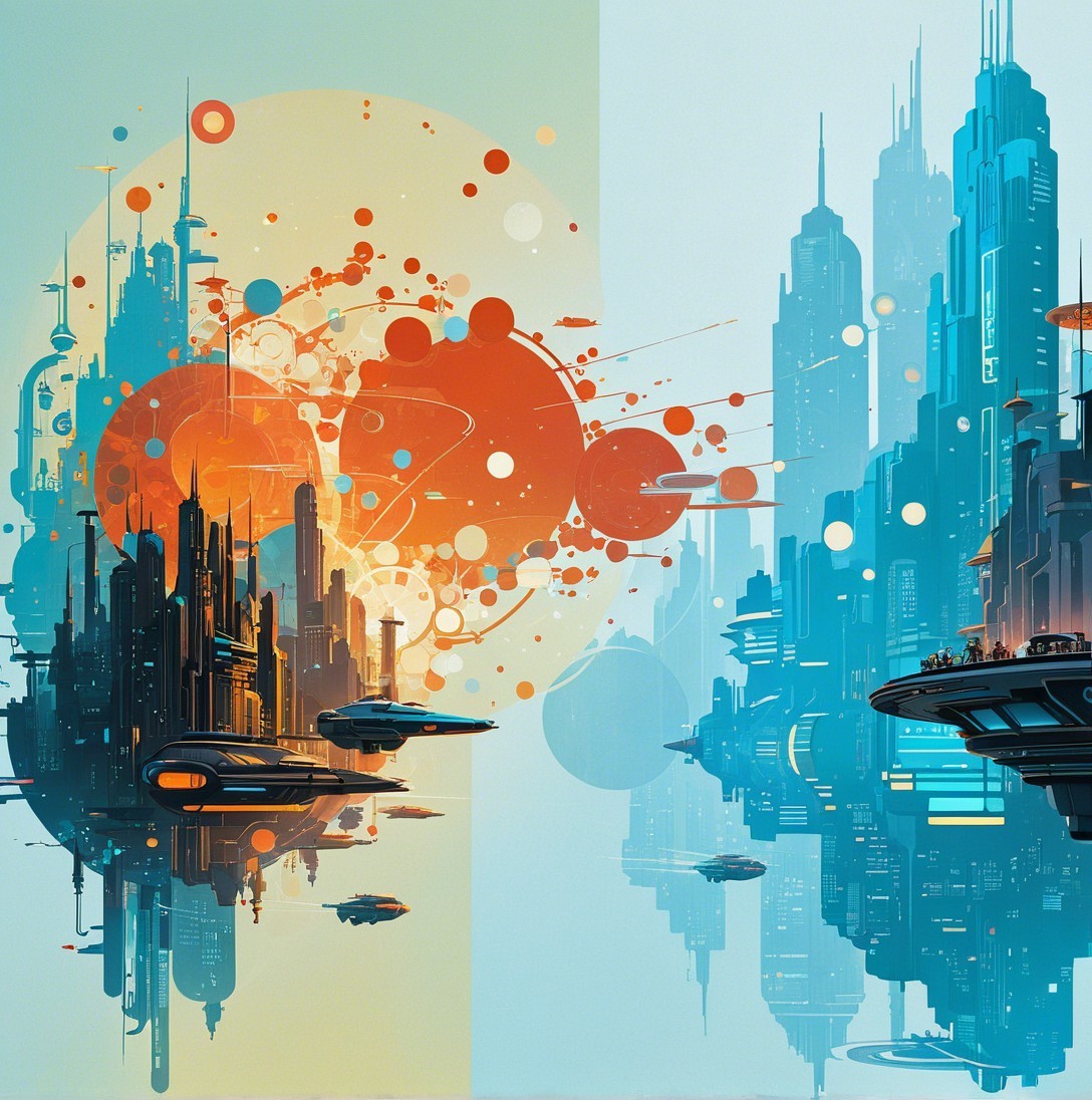 Futuristic Cityscapes in Vibrant Split-Scene Illustration
