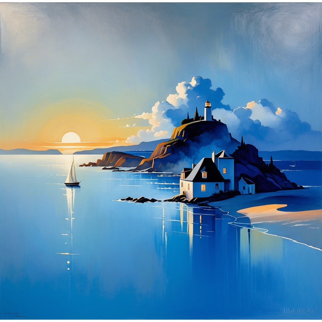Coastal Sunset with Lighthouse and Sailboat Scene