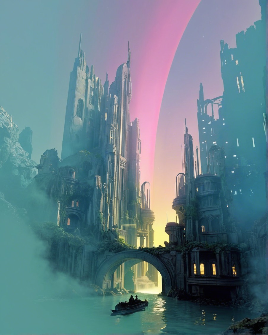 Futuristic skyscrapers by a misty lake at sunset