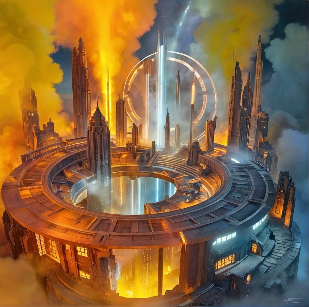 Futuristic cityscape with skyscrapers and vibrant lights