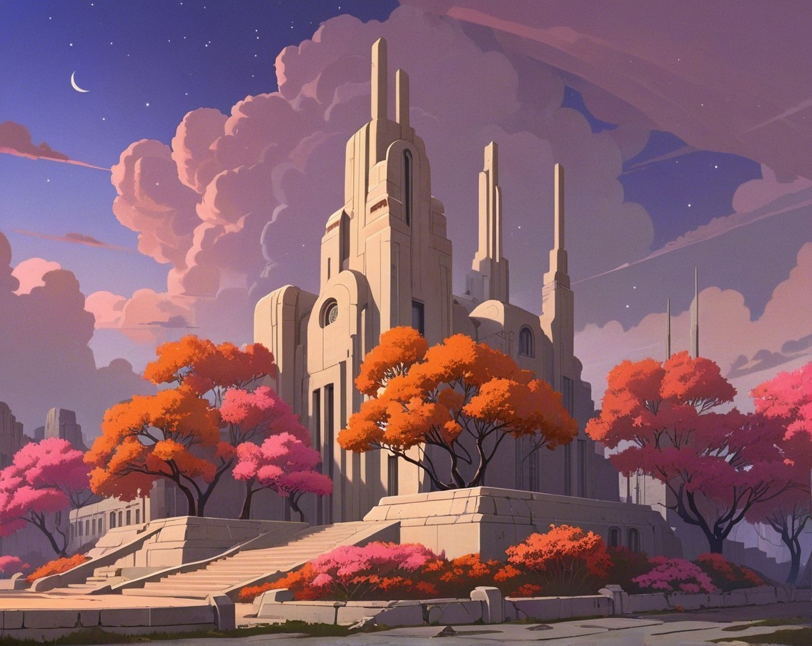 Art Deco Building Surrounded by Colorful Foliage