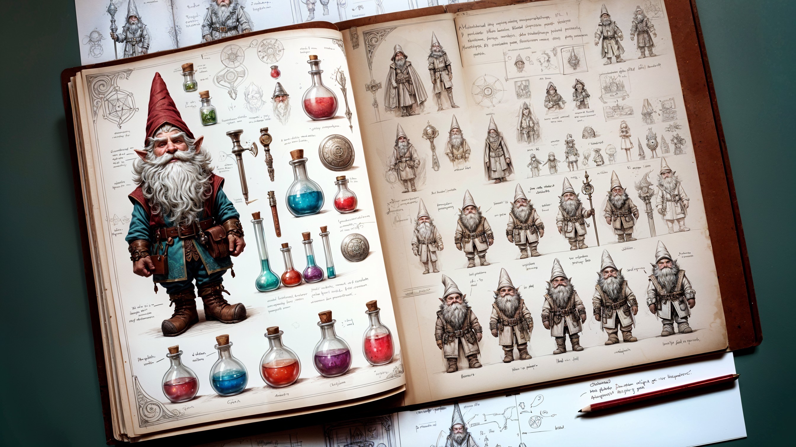 Character Designs of a Whimsical Gnome in a Sketchbook