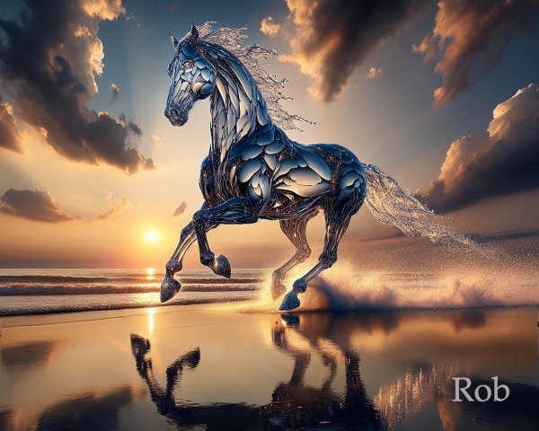 Stylized metallic horse galloping on wet beach at sunset