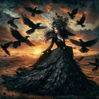 Woman in Black Dress Surrounded by Flying Ravens