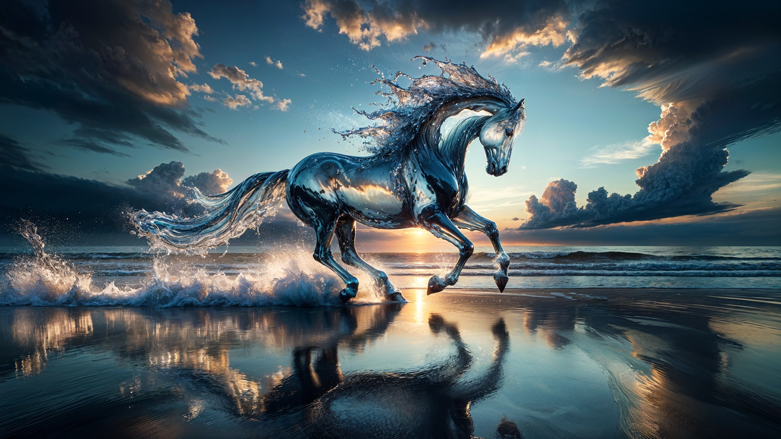 Majestic horse galloping on beach at sunset
