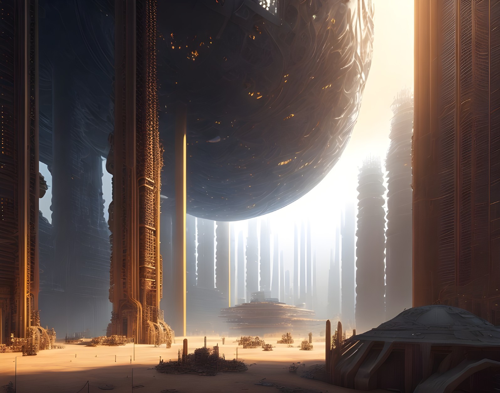 Futuristic Landscape with Metallic Structures and Sphere