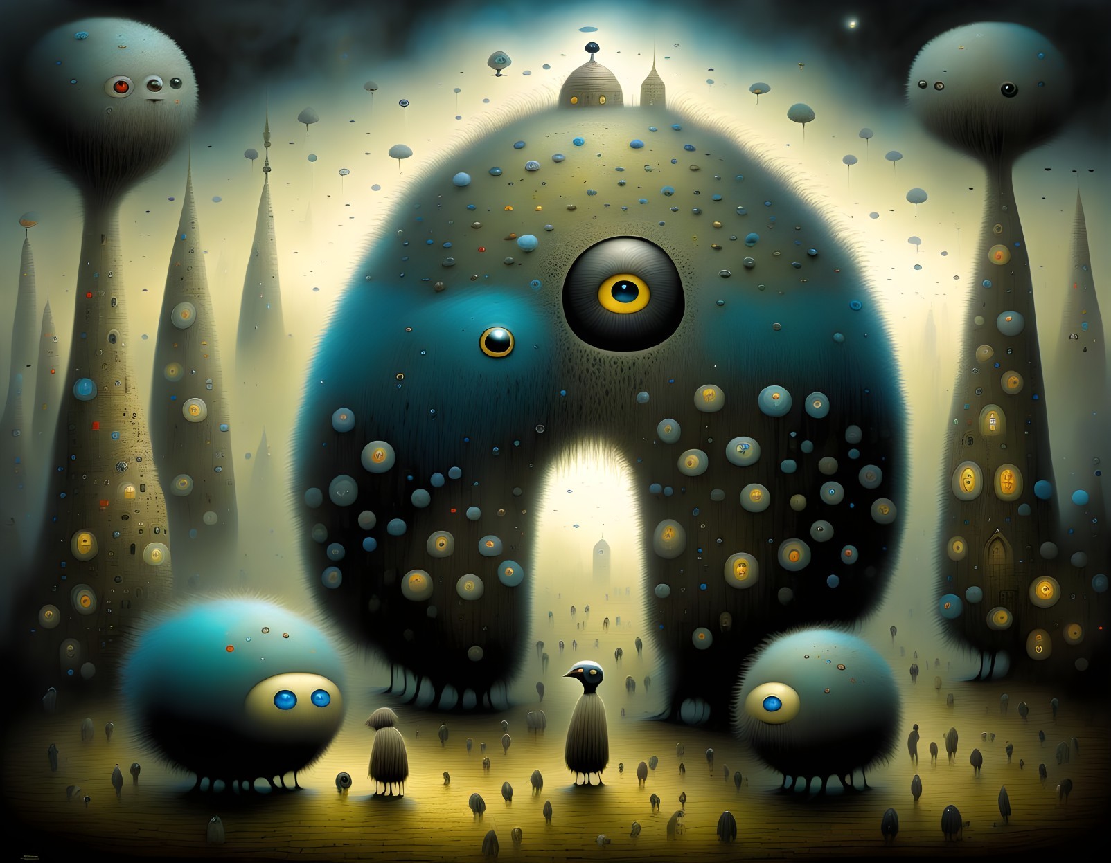 Whimsical Dark Landscape with Eye-like Creatures