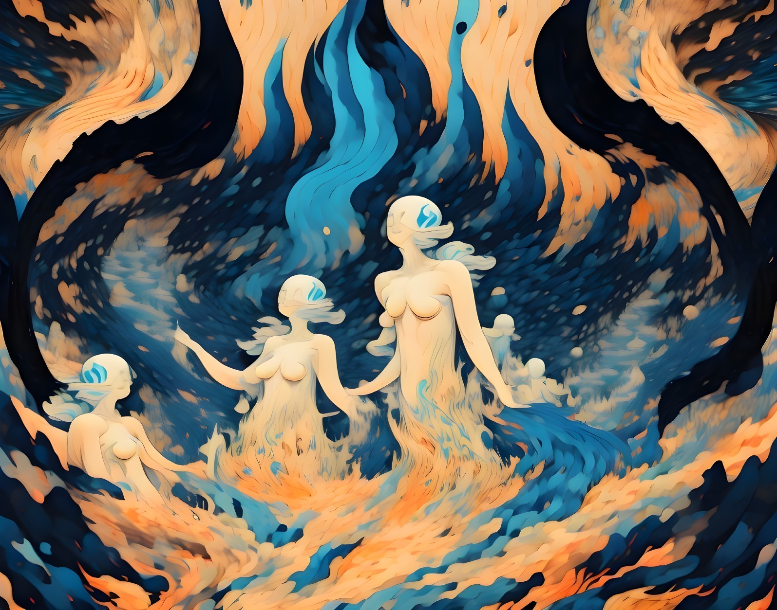 Ethereal Figures in Vibrant Blue and Orange Waves