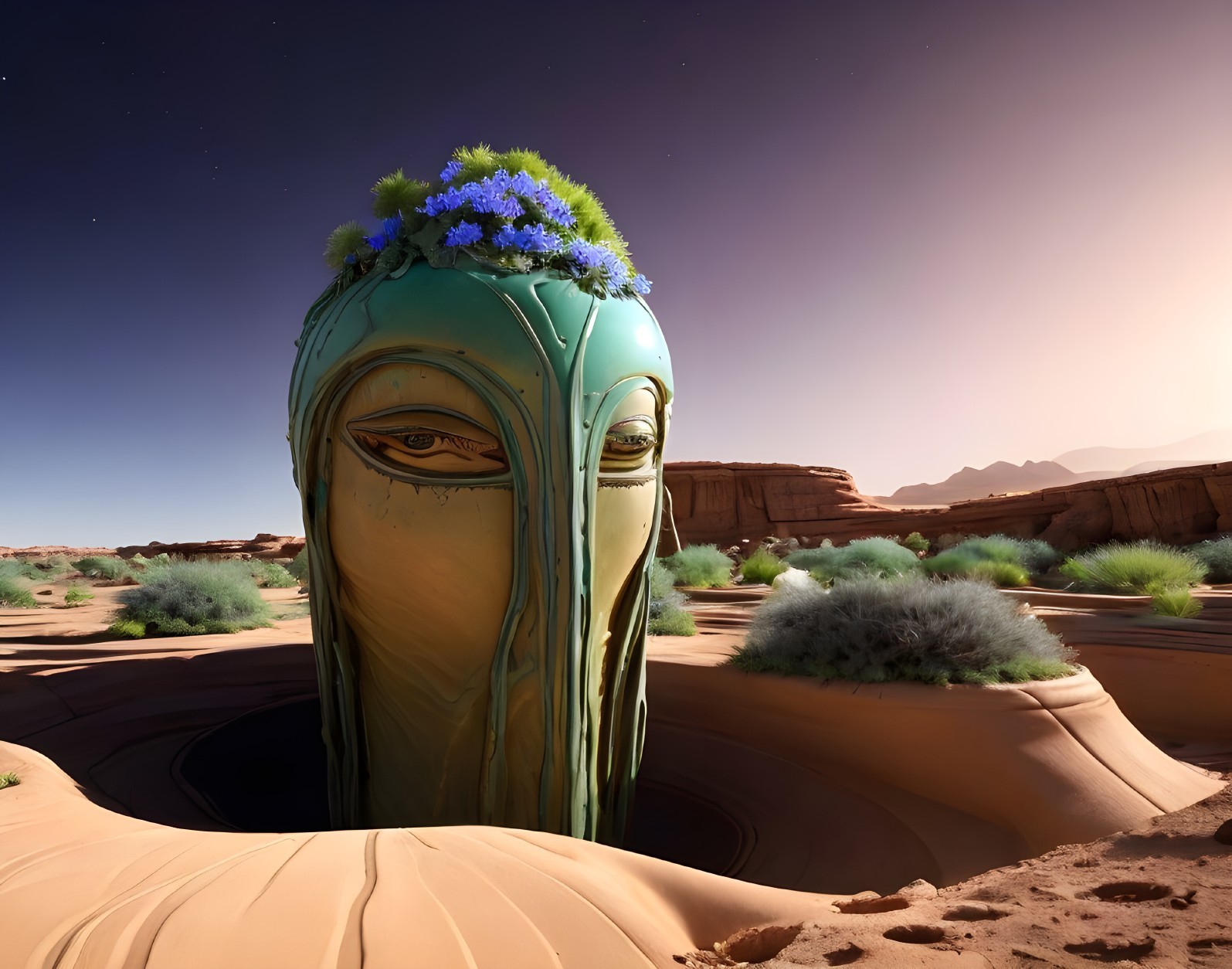 Surreal statue in desert with blue flowers and dunes