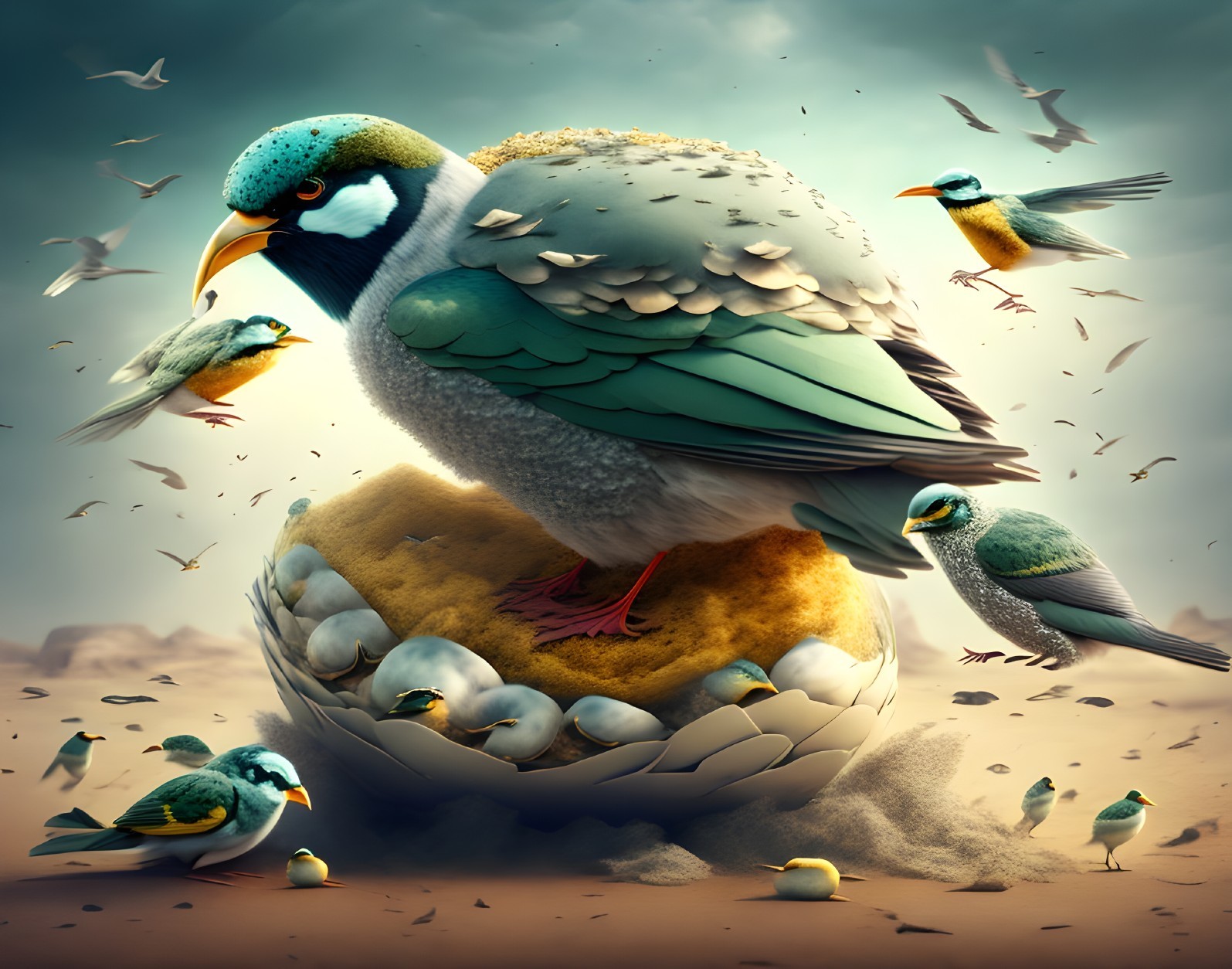 Whimsical Bird on Giant Egg in Surreal Landscape