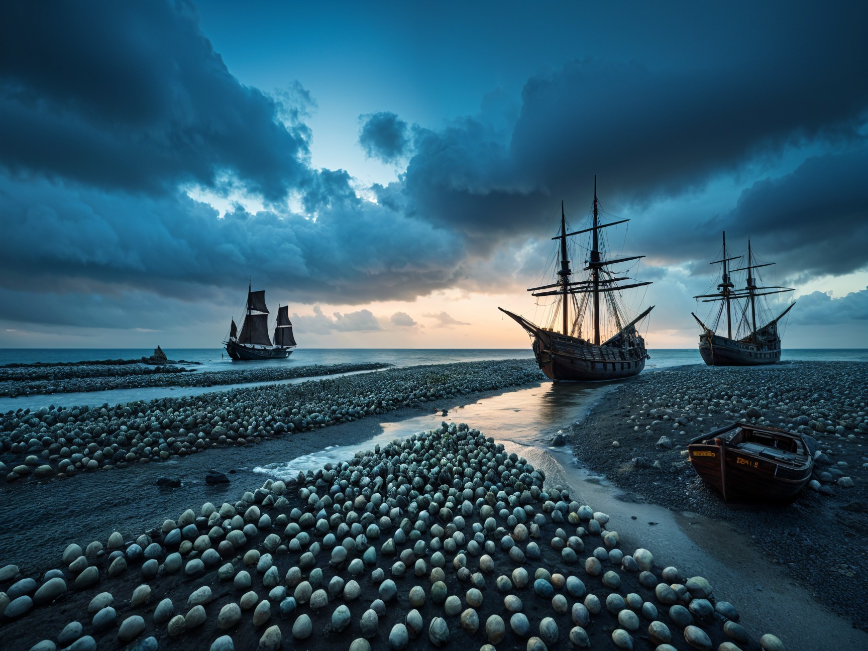 Dramatic Coastal Twilight Scene with Anchored Ships