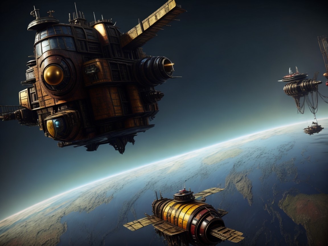 Sci-fi Scene with Steampunk Spacecraft Above Earth