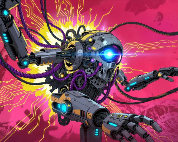 Cyborg Illustration with Glowing Blue Accents and Gears
