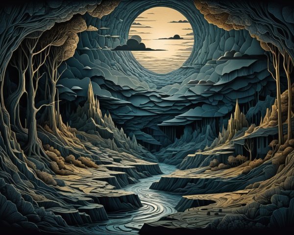 Intricate Illustration of a Cavernous Landscape Scene