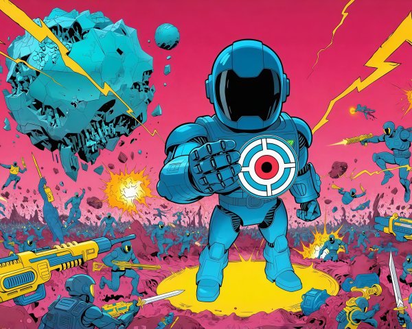 Cartoonish Galactic Battle with Robots and Lightning