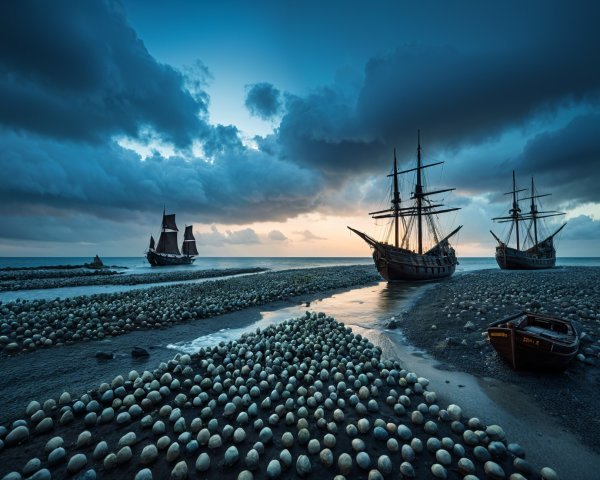 Dramatic Coastal Twilight Scene with Anchored Ships