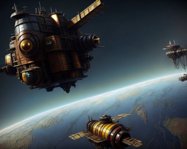 Sci-fi Scene with Steampunk Spacecraft Above Earth