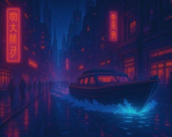 Neon-Lit Cityscape with Boat in Rain-Slicked Canal