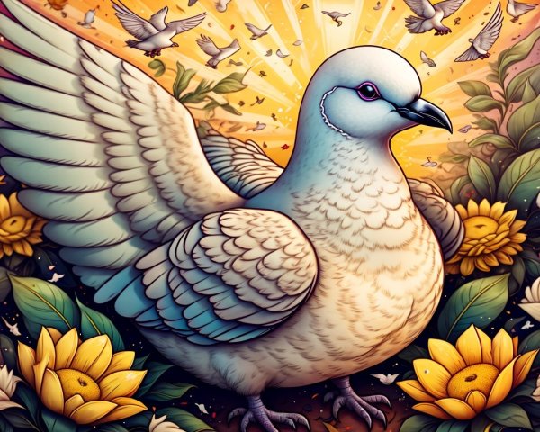 Majestic dove in floral landscape with golden rays