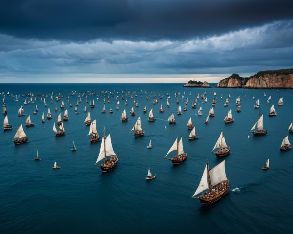 Traditional Sailing Boats on a Deep Blue Ocean at Sunset
