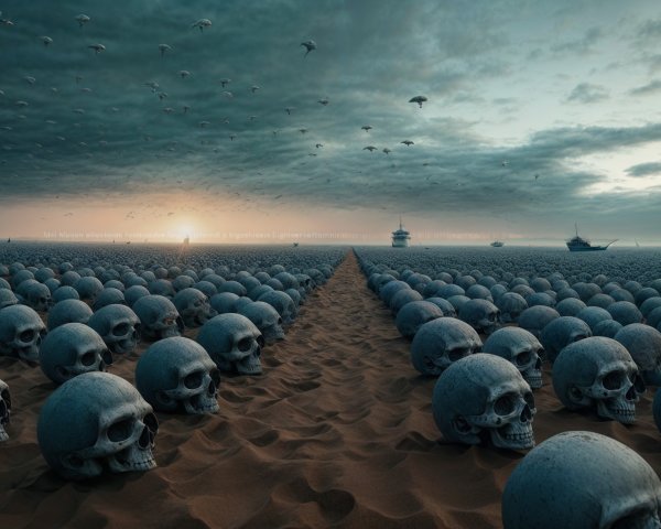 Surreal Landscape with Sea of Skulls and Distant Ships