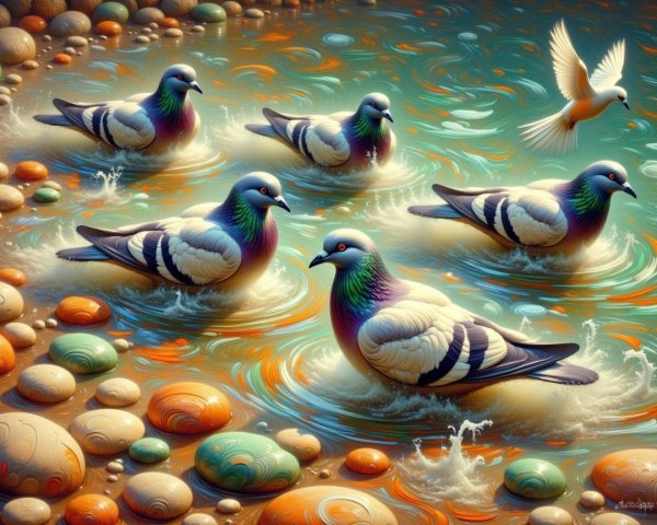 Colorful Pigeons Wading in Vibrant Water Scene