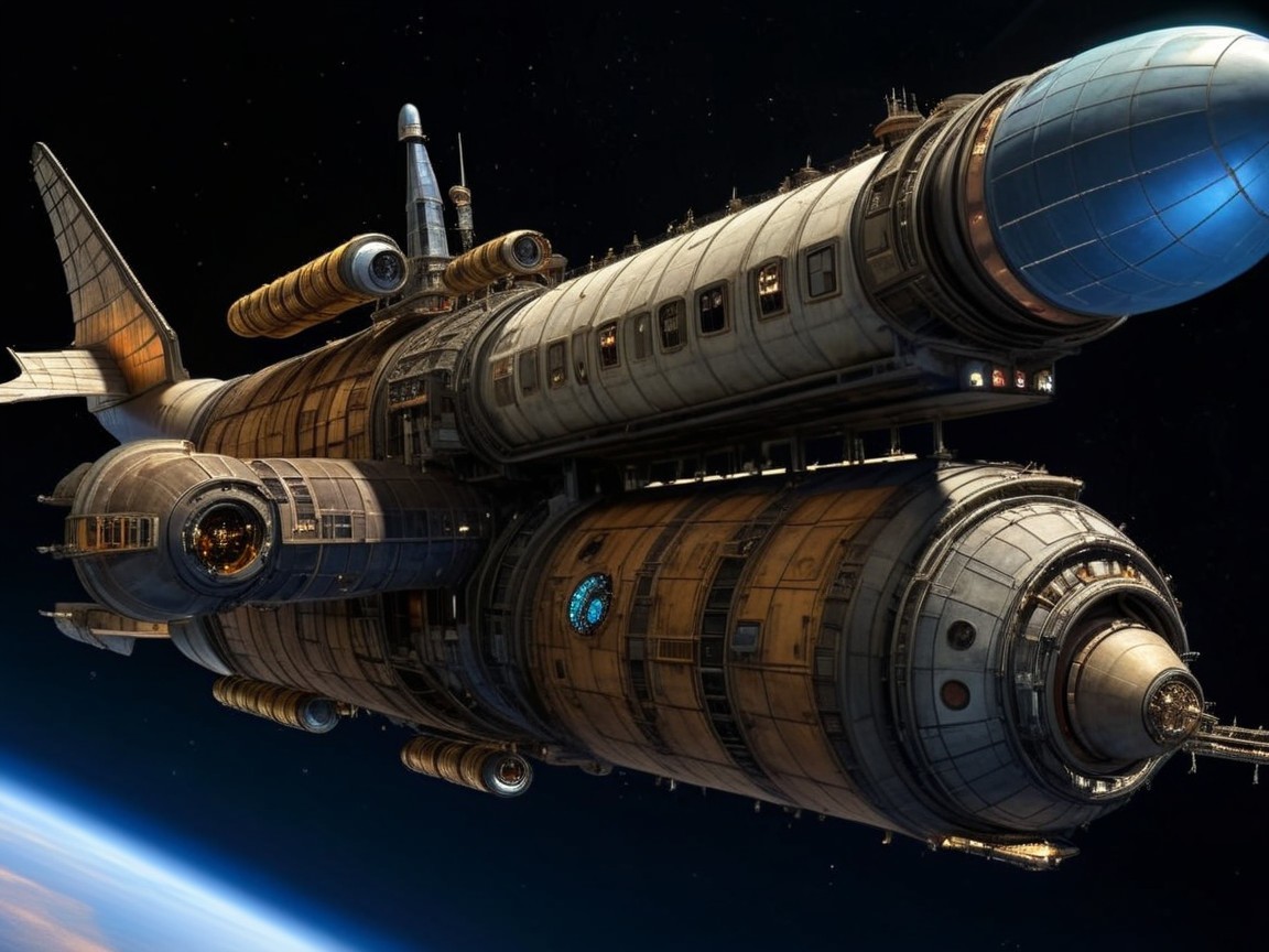 Futuristic spacecraft design in cosmic setting