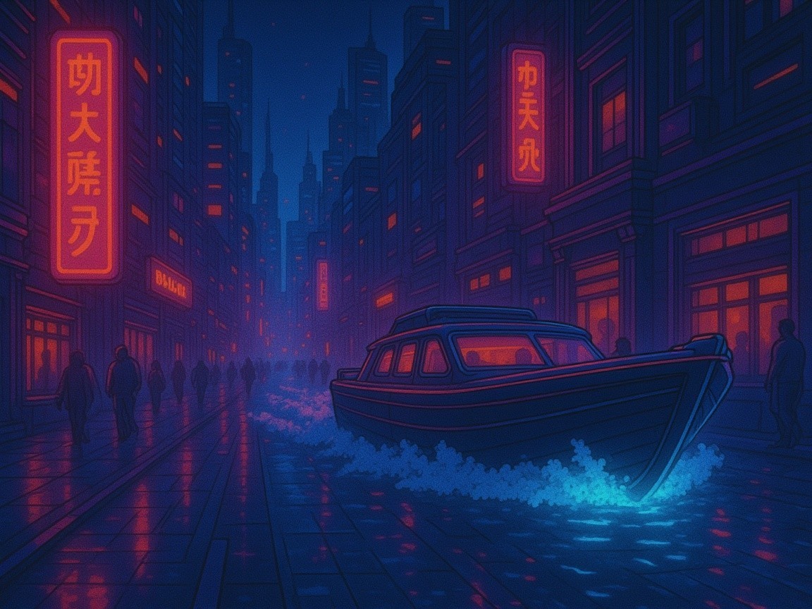 Neon-Lit Cityscape with Boat in Rain-Slicked Canal