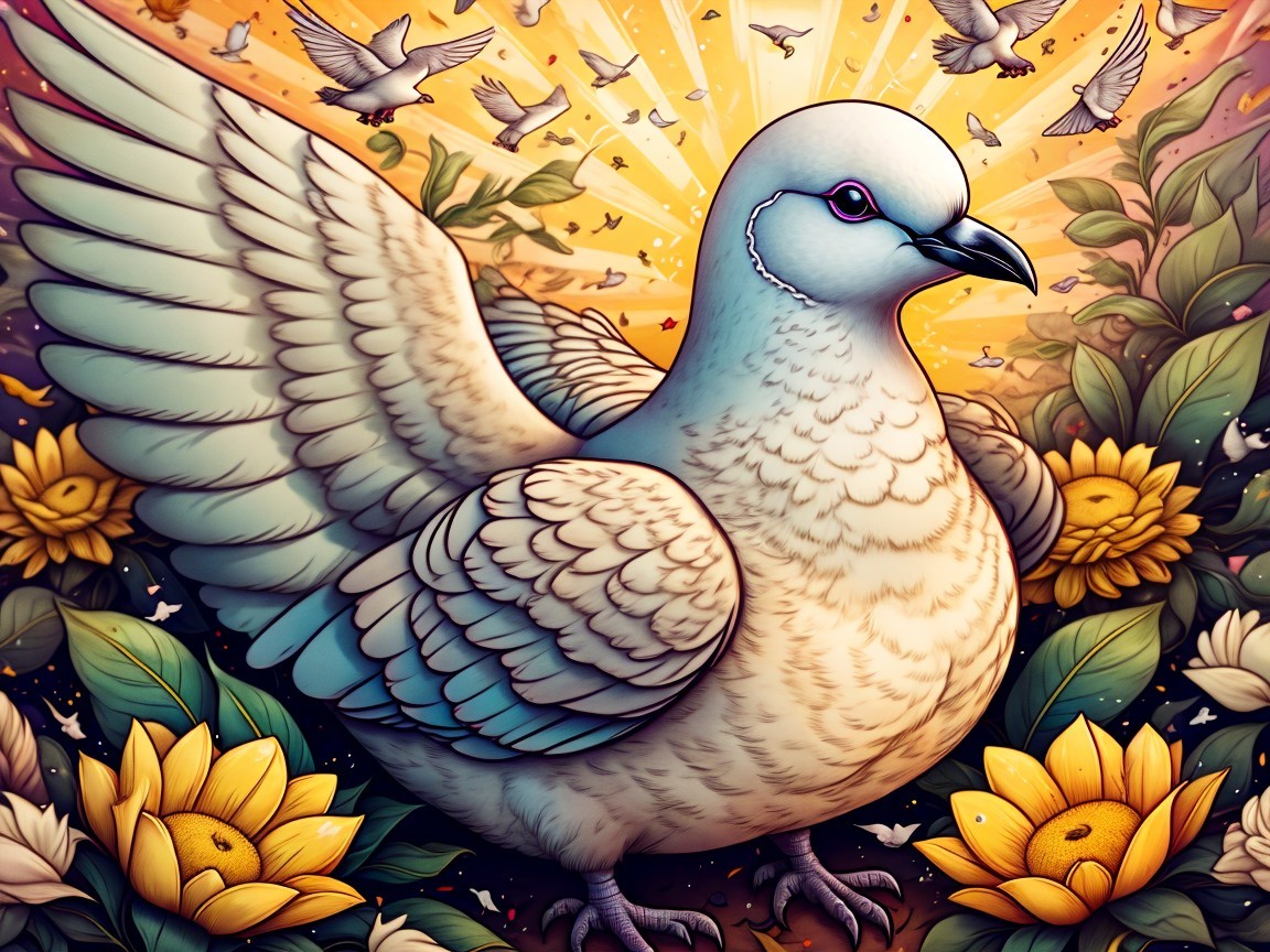 Majestic dove in floral landscape with golden rays