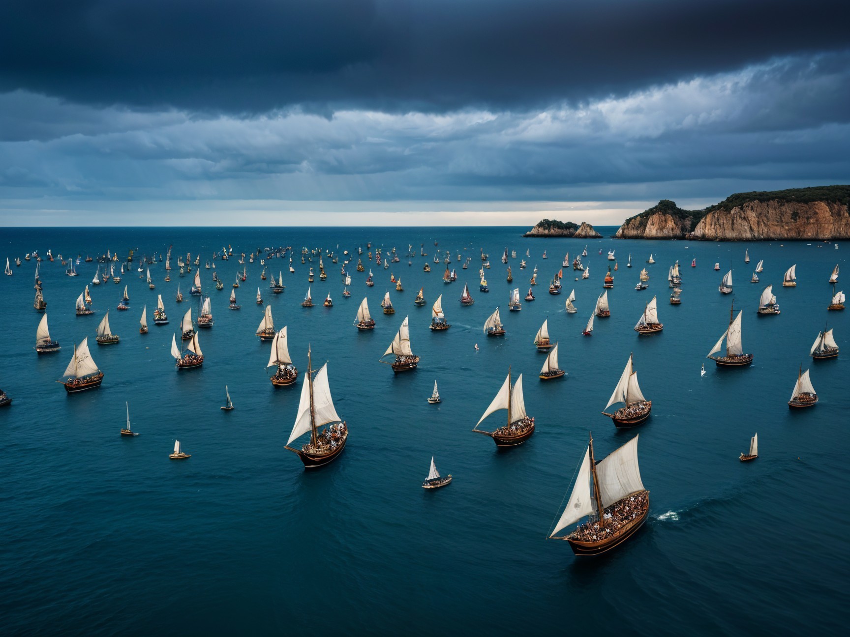 Traditional Sailing Boats on a Deep Blue Ocean at Sunset