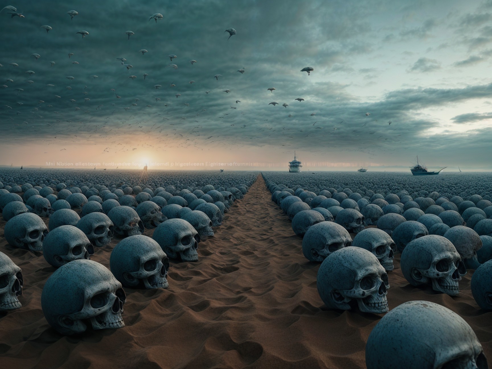 Surreal Landscape with Sea of Skulls and Distant Ships