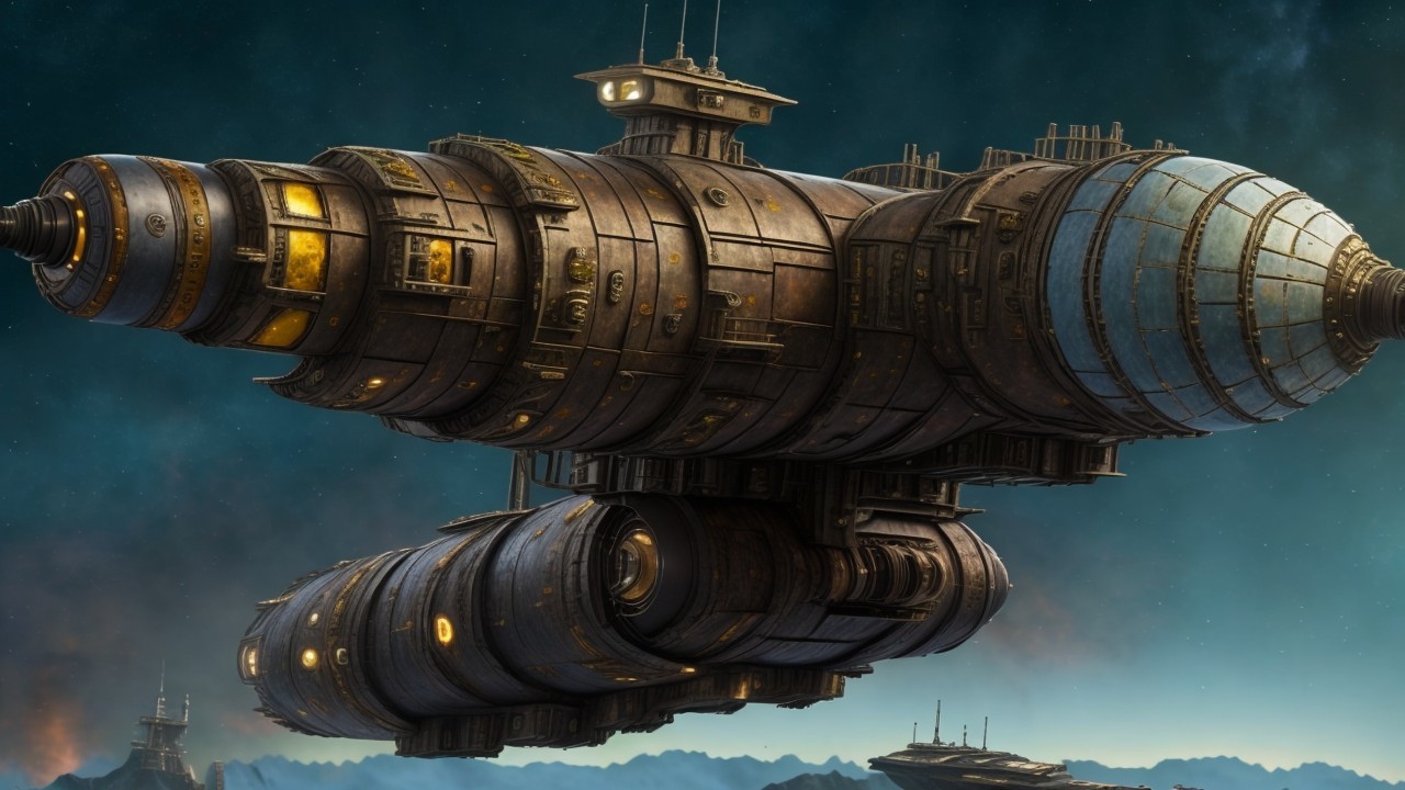 Retro-futuristic spaceship in cosmic backdrop design