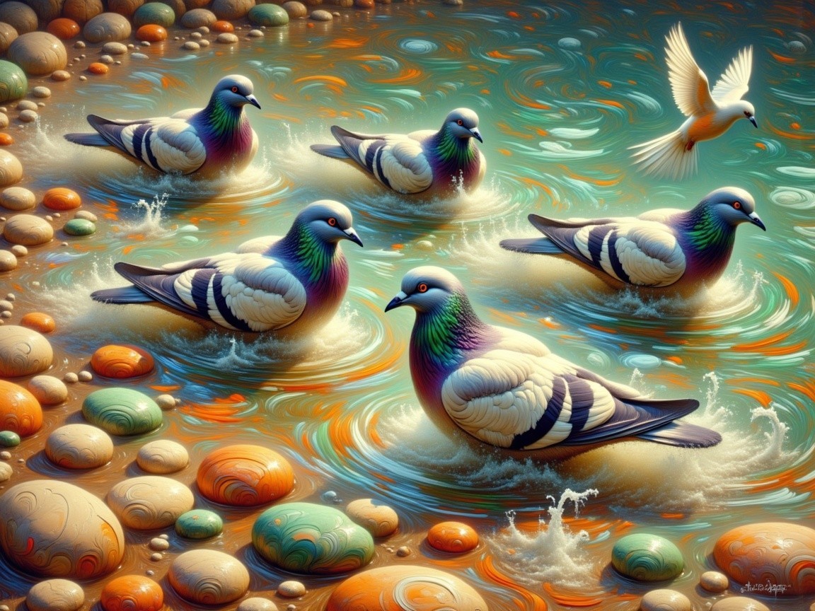 Colorful Pigeons Wading in Vibrant Water Scene